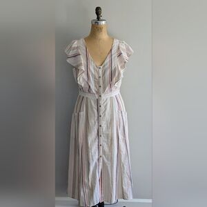 Cottage Core White & Tan Button Down Cotton Stripes Dress - NWOT